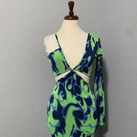 ZARA Green Asymmetric Jacquard V-Neck Dress Size S Spaghetti Strap One Sleeve - Picture 4 of 15